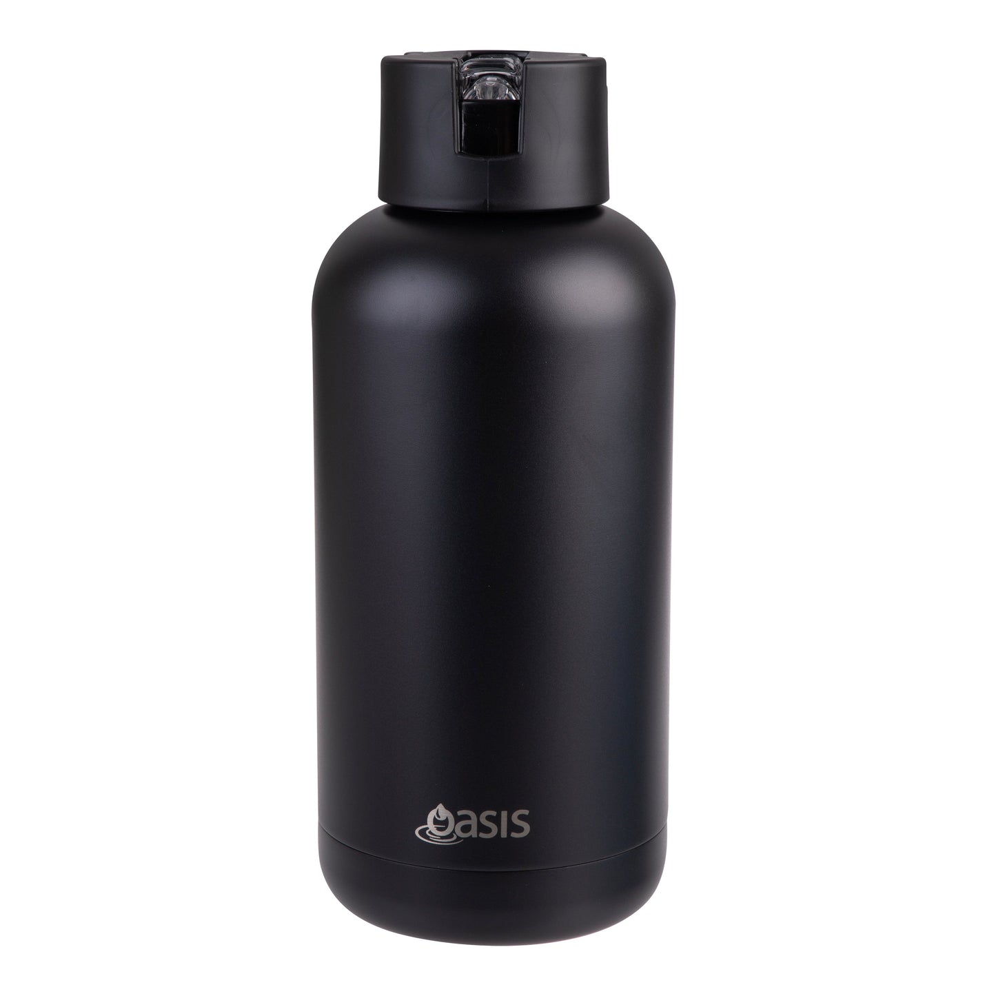 Black insulated water bottle with 'Oasis' branding on a white background