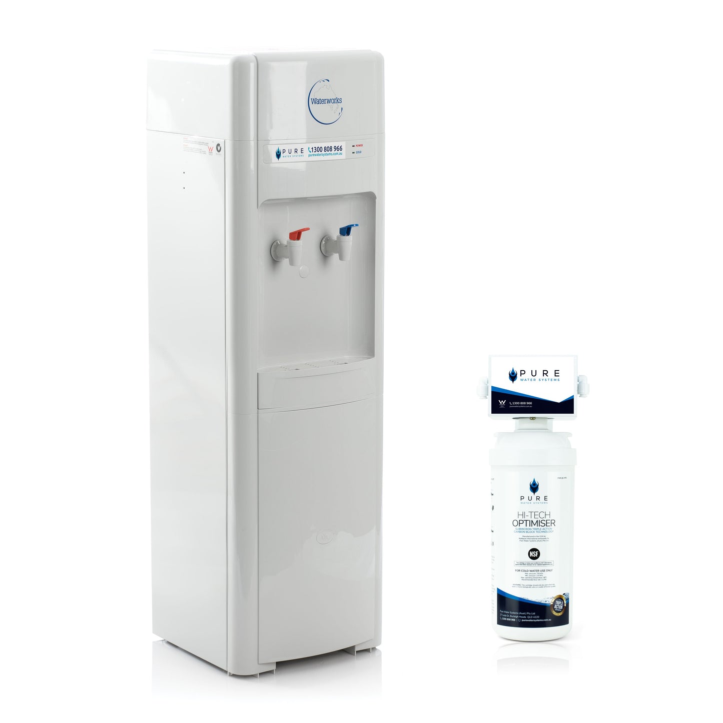 White water dispenser with a bottle of water on a white background
