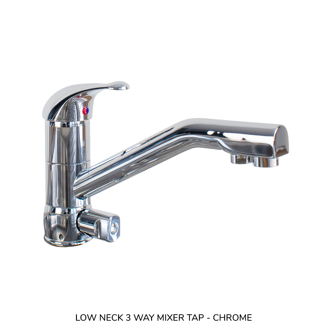 Chrome low neck 3-way mixer tap on a white background