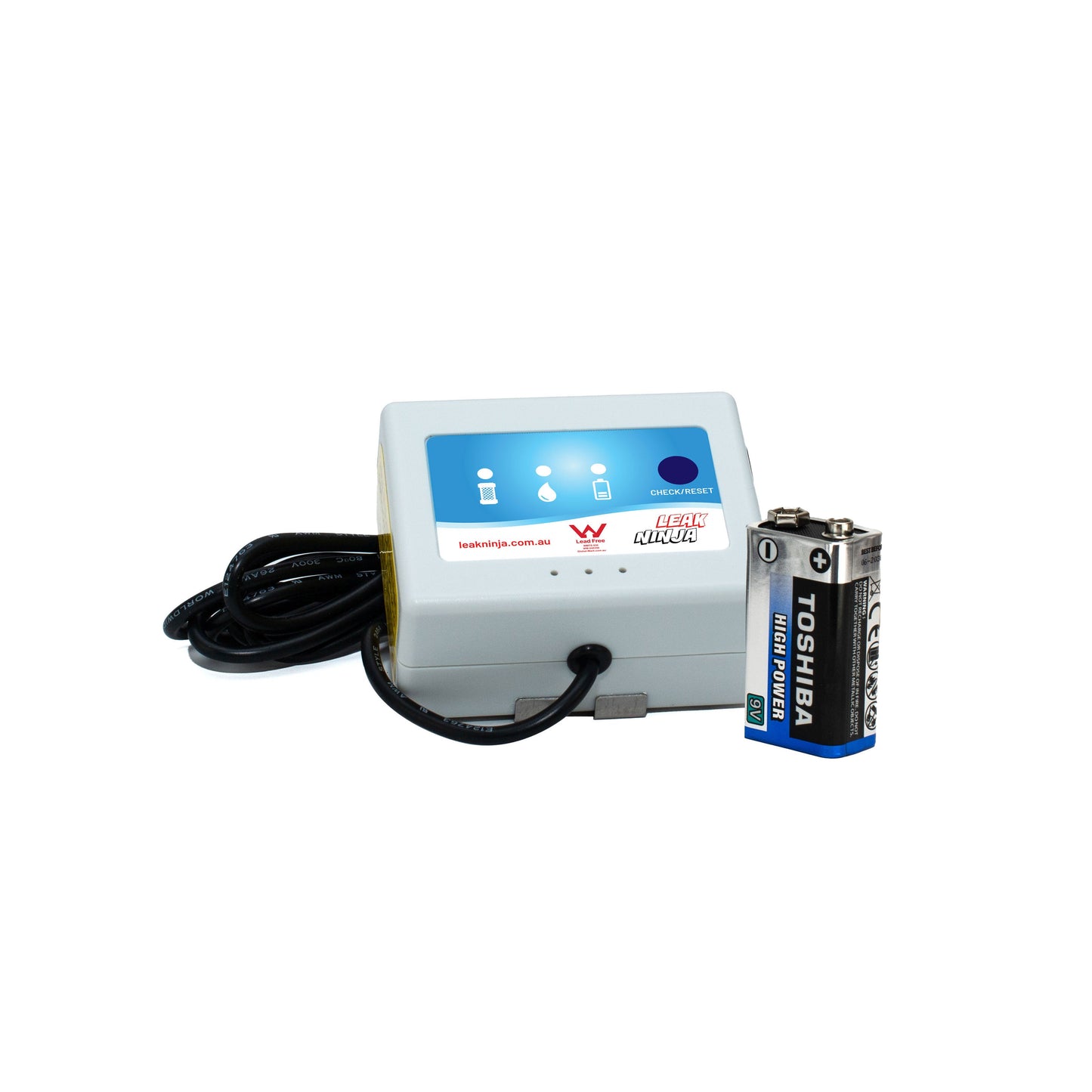 Compact white Leak Ninja leak protection system with black power cord and 9V alkaline battery next to it.