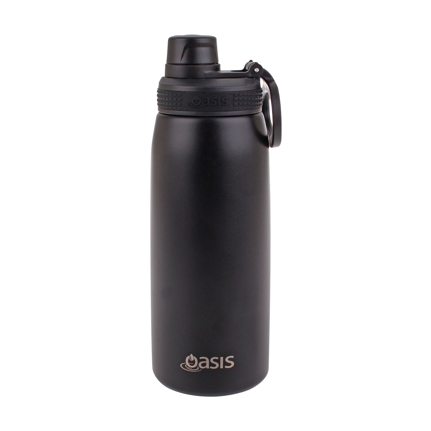 Black insulated water bottle with 'Oasis' branding on a white background