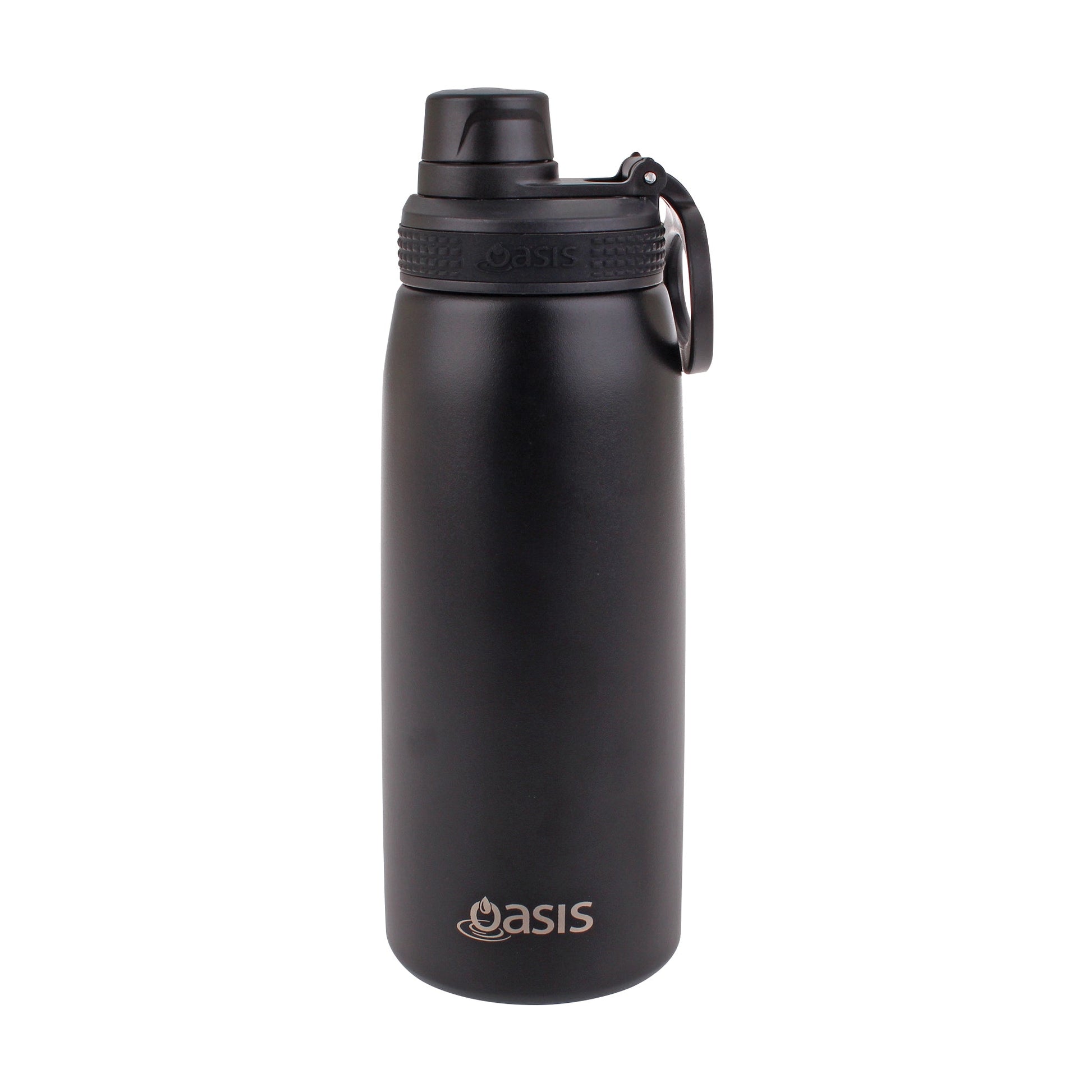 Black insulated water bottle with 'Oasis' branding on a white background