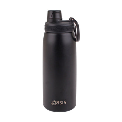 Black insulated water bottle with 'Oasis' branding on a white background