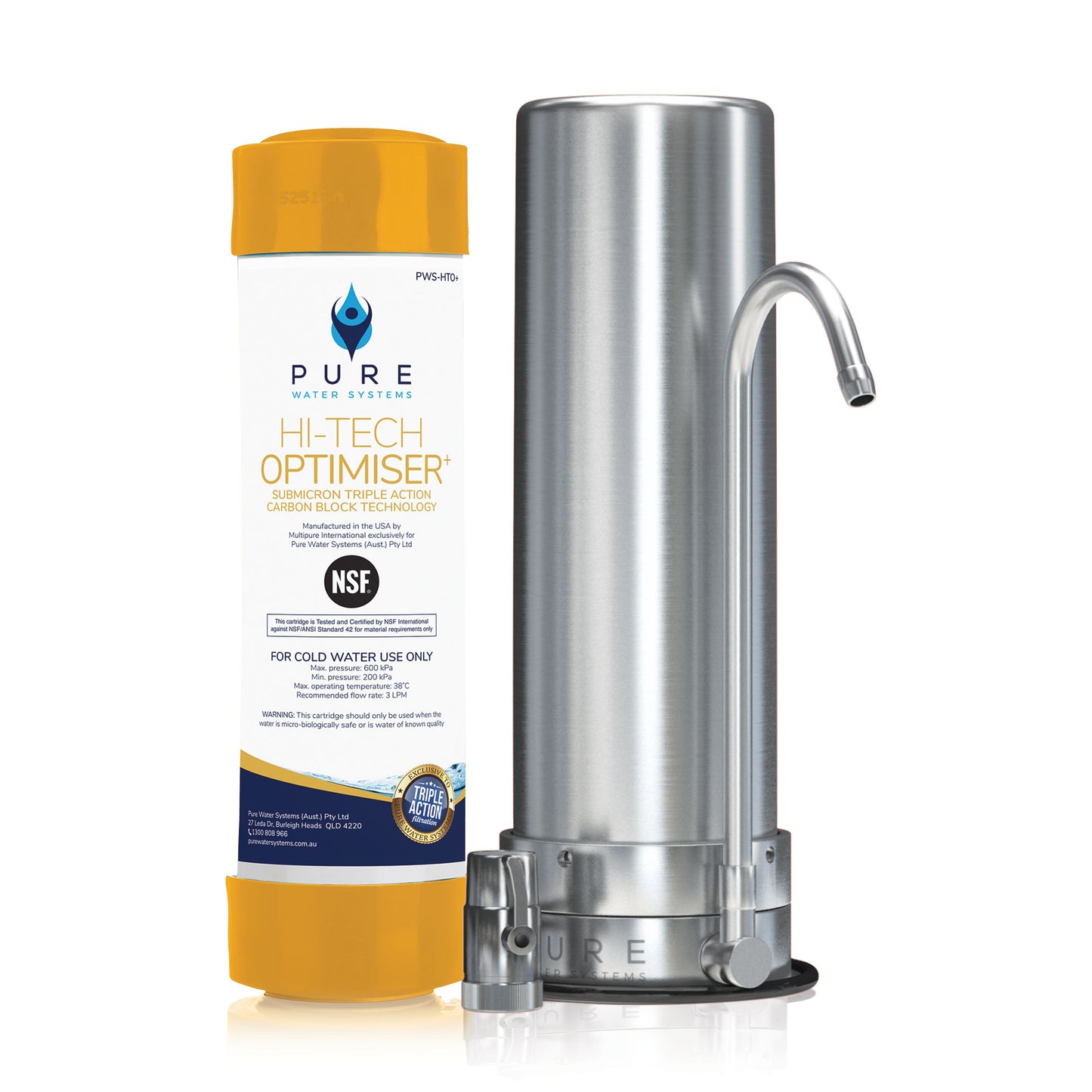 Stainless steel water filter and 'PURE' optimiser on a white background
