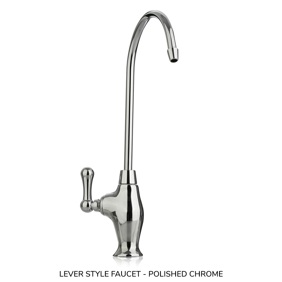 Polished chrome lever-style faucet on a white background