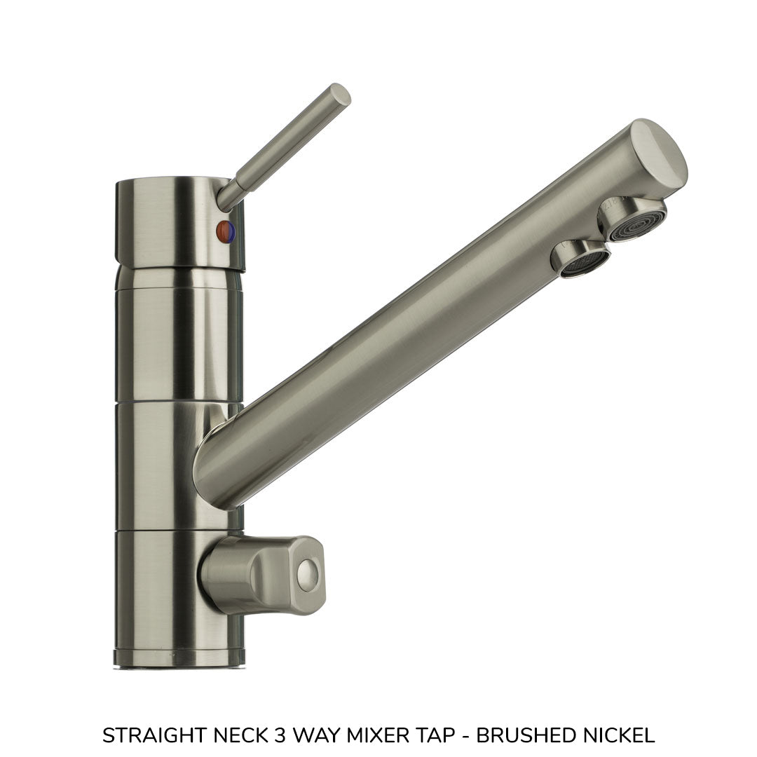 Straight neck 3-way mixer tap in brushed nickel with two control levers.