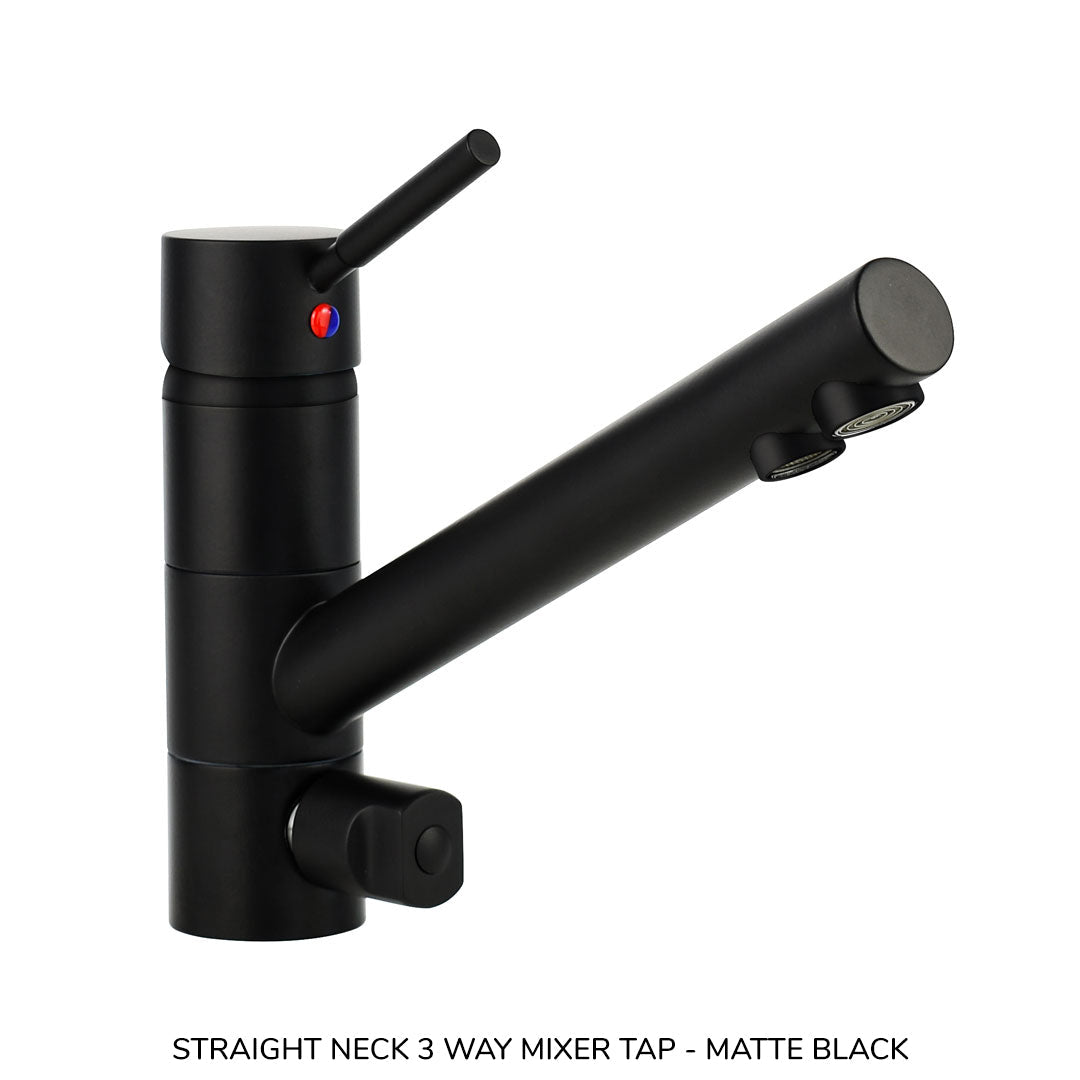 Matte black straight neck 3 way mixer tap with single lever handle and water filter outlet.