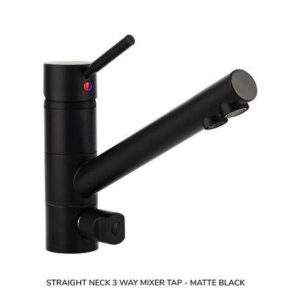 Matte black straight neck 3 way mixer tap with single lever handle and water filter outlet.