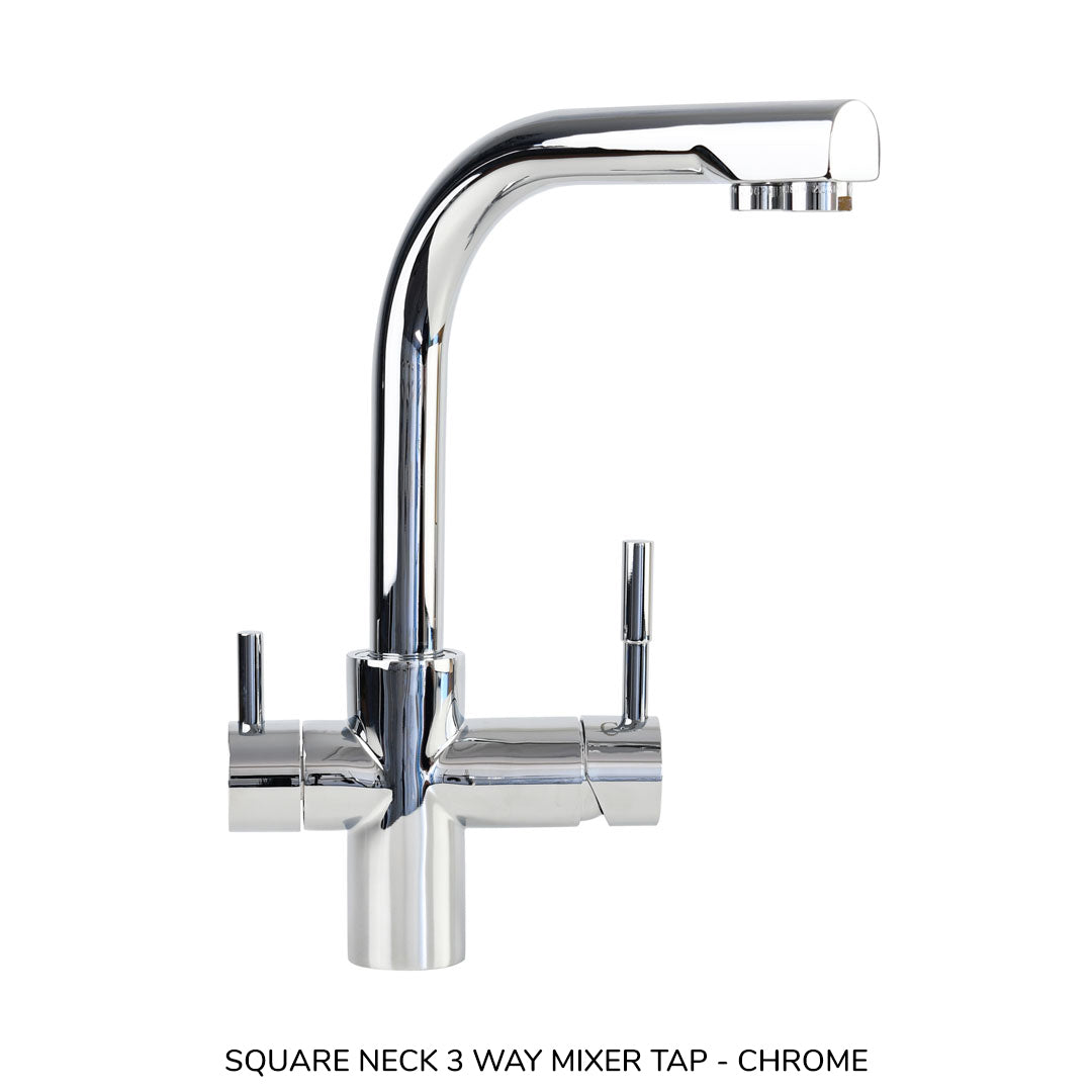 Square neck 3-way mixer tap in polished chrome with dual lever handles.