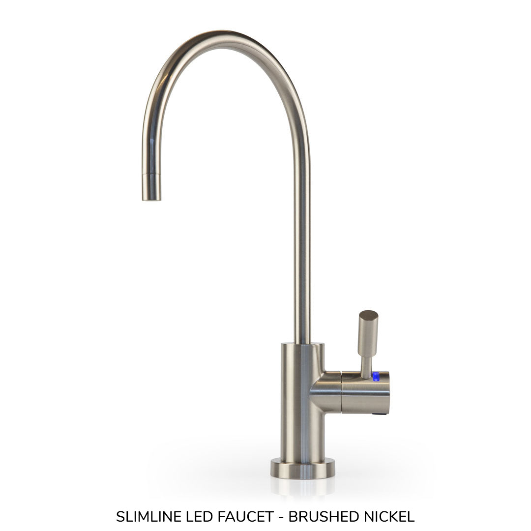 Slimline LED faucet in brushed nickel finish on a white background