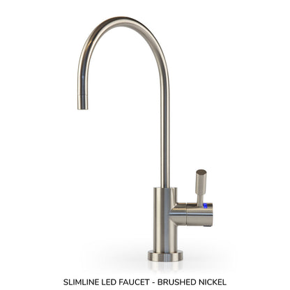 Slimline LED faucet in brushed nickel finish on a white background
