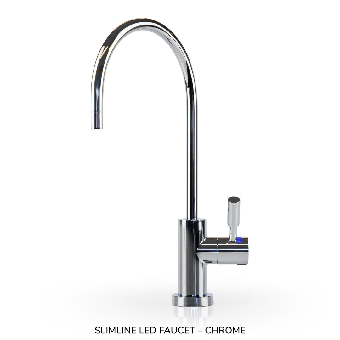 Chrome slimline LED faucet on a white background