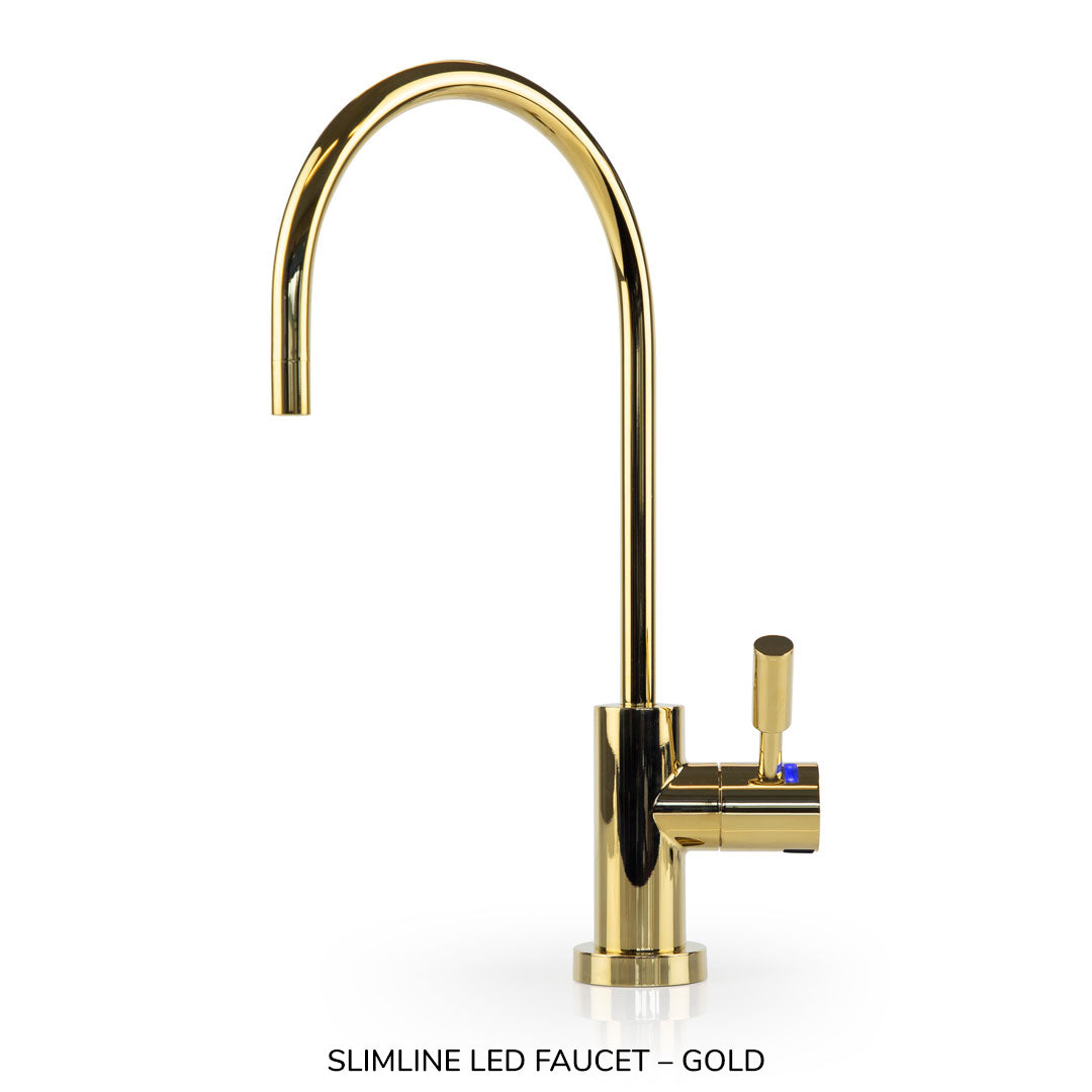 Gold slimline LED faucet on a white background
