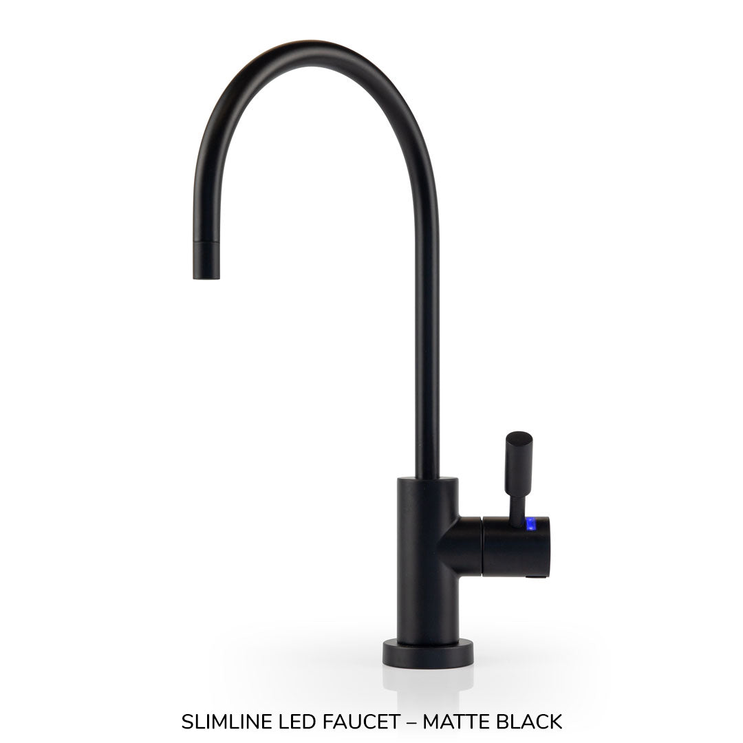 Black slimline LED faucet on a white background