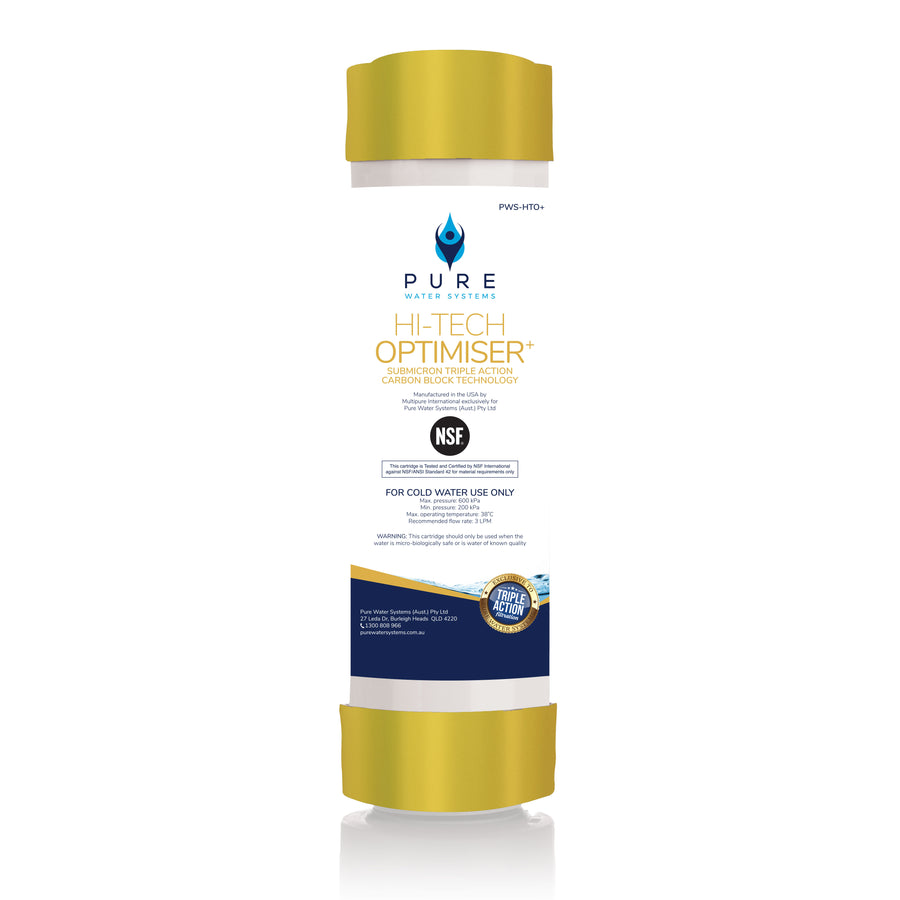 White cylindrical water filter cartridge with gold end caps and blue and yellow Pure Hi-Tech Optimiser label.