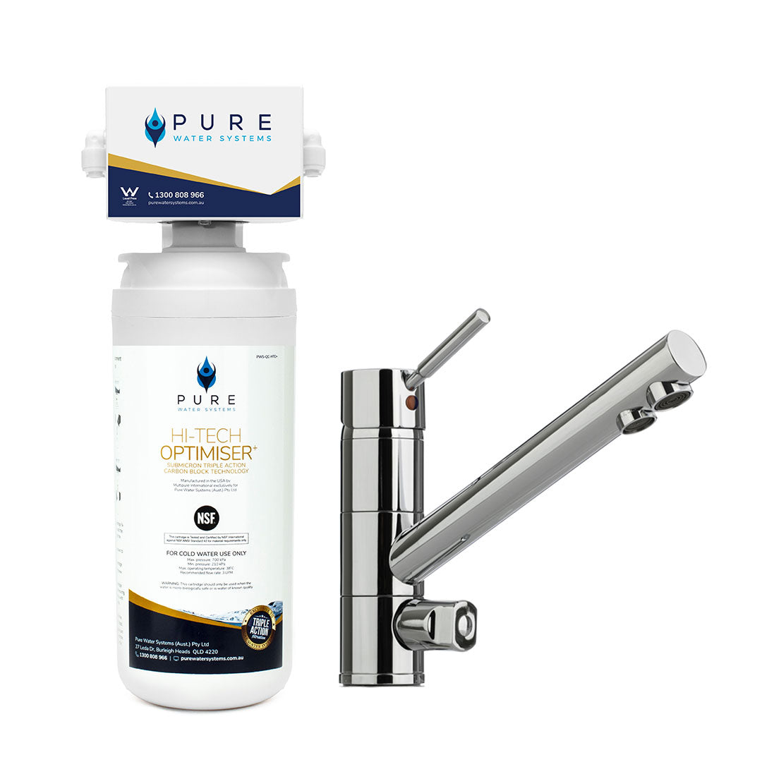 Pure water filter system and faucet on a white background