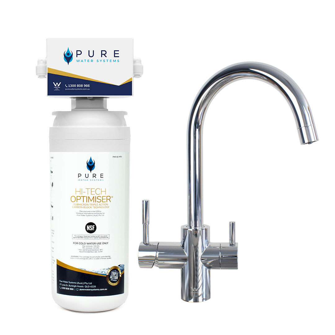 Pure water system filter and faucet on a white background