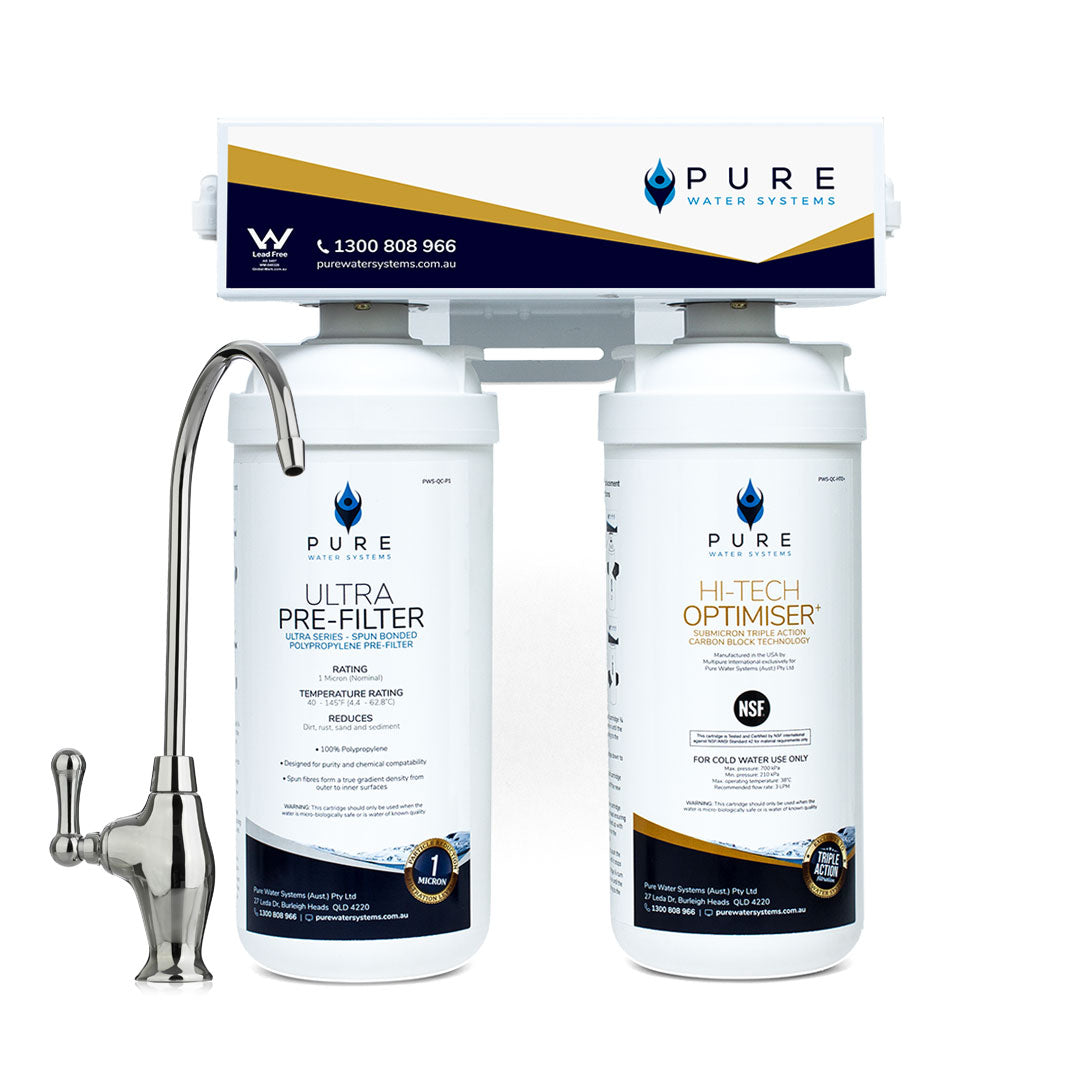 Pure water system with ultra pre-filter and high-tech optimiser on a white background