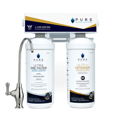 Pure water system with ultra pre-filter and high-tech optimiser on a white background