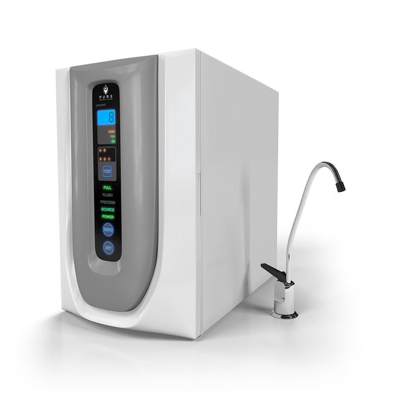 Compact white RO-5U reverse osmosis water purifier with digital display and chrome stand alone faucet.