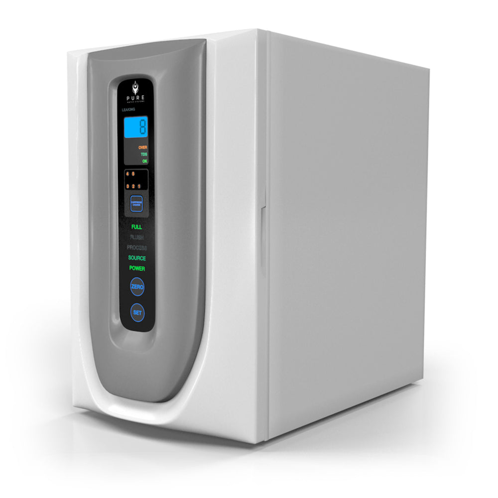 White and gray compact reverse osmosis water purifier with digital display panel.