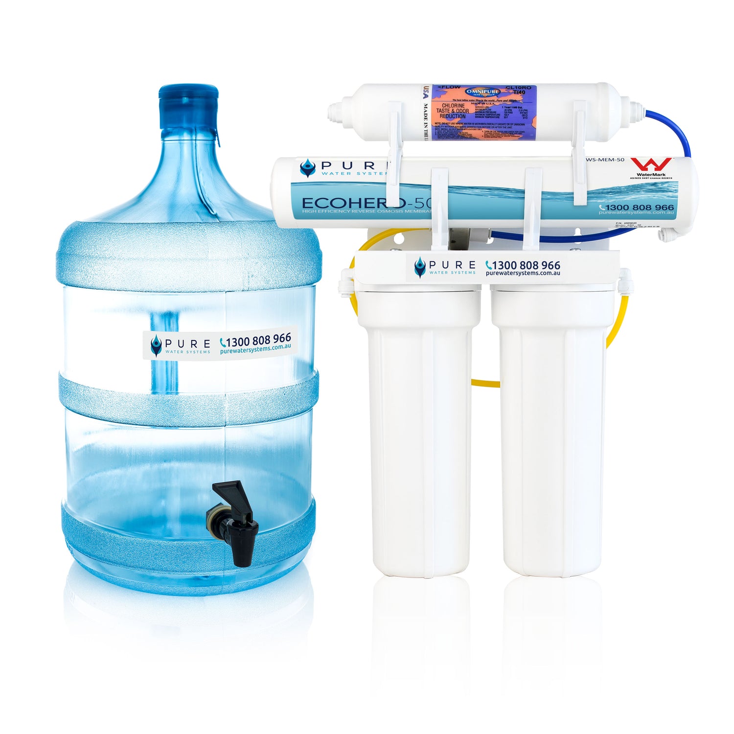 Portable EcoHero 4-stage reverse osmosis water filter system with clear blue 5-gallon water jug and black tap.
