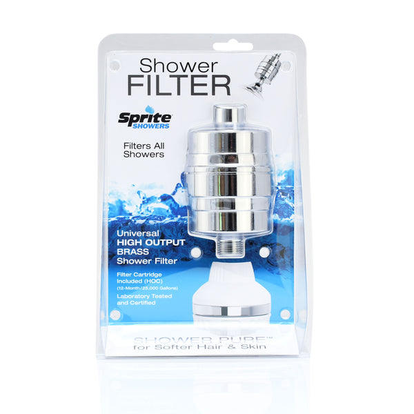 Chrome-finished brass high-output shower filter in clear plastic packaging with blue and white label.