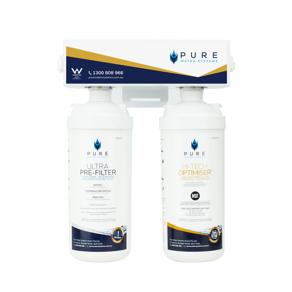 Two bottles of Pure water system filters with packaging on a white background