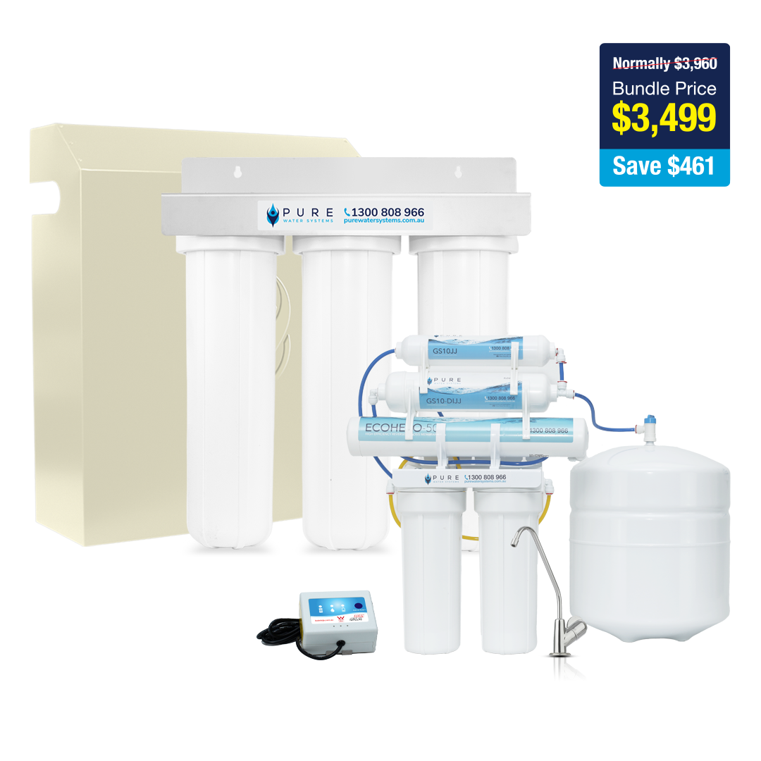 Protect & Pure Bundle Tank Water | Triple Whole House | EcoHero Reverse Osmosis Water Purifier with Standard Stand-Alone Faucet