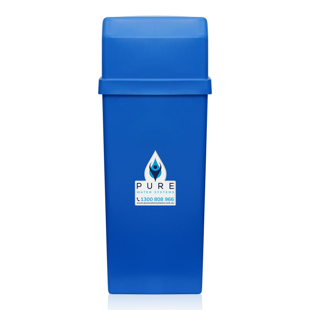 Tall blue rectangular water softener tank