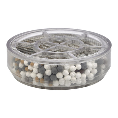 Transparent round bath filter cartridge with mixed white and gray mineral balls inside.