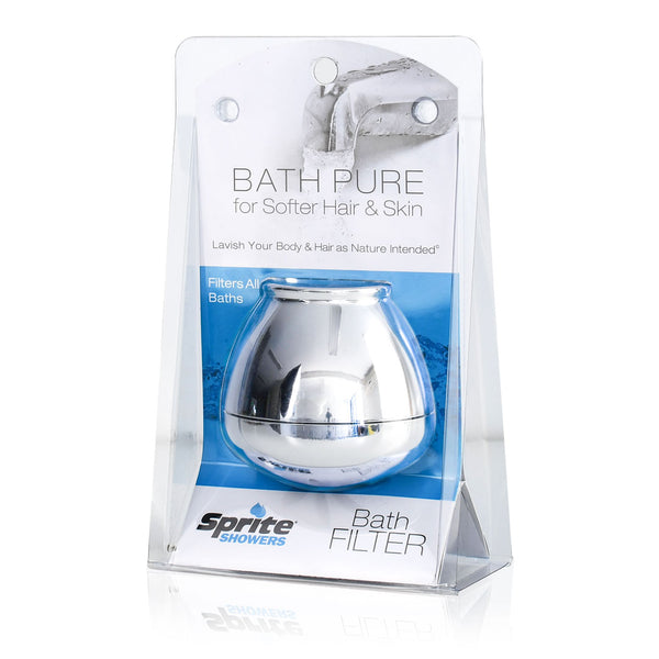 Chrome bath ball filter in clear plastic packaging with blue and white label.