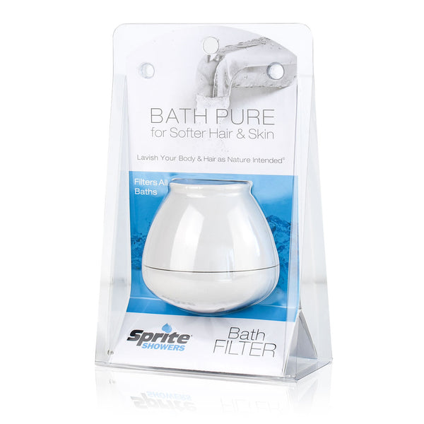 White bath ball filter in clear plastic packaging with blue and white branding text.