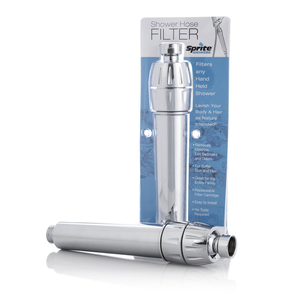 Chrome-plated inline shower filter with threaded connectors and packaging showing product details.