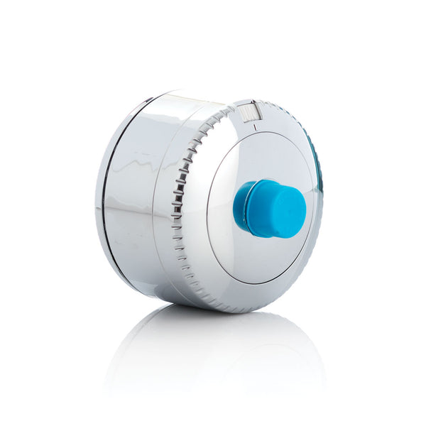 Chrome slimline shower and bath water filter with blue adjustment knob and threaded edges.